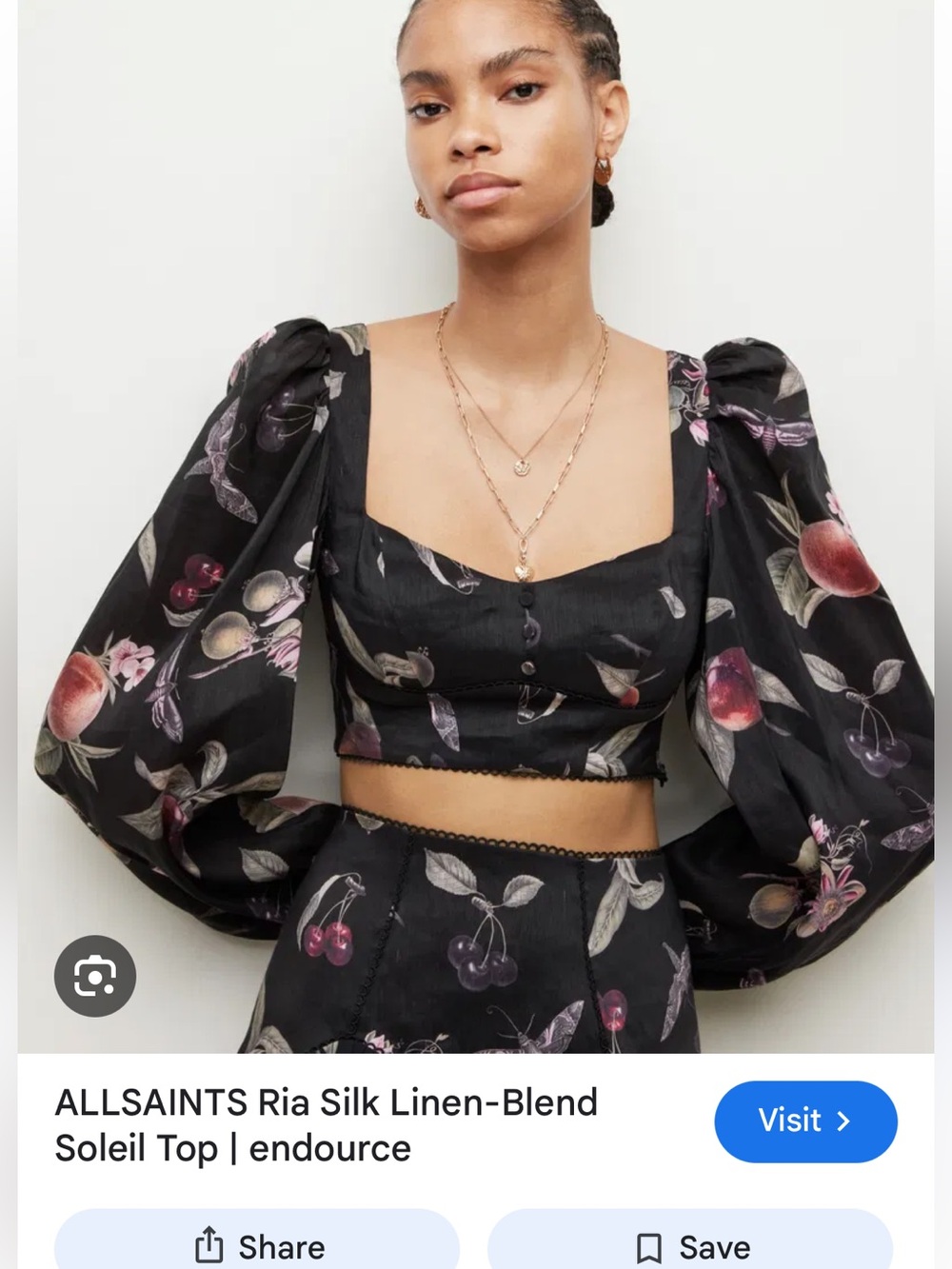 Allsaints Soleil Fruit Floral Puff Sleeve Crop Top silk linen blend Black Sz 6